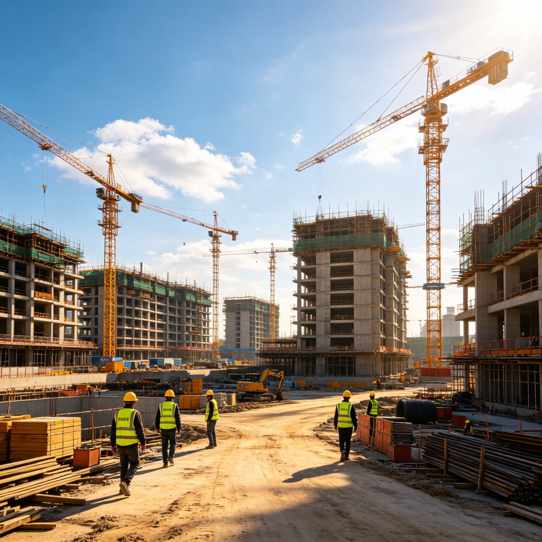 云庭建设建筑工地实景，塔吊与施工人员现场作业